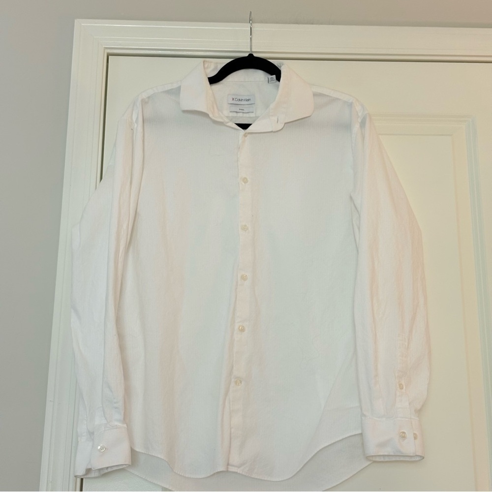 Calvin Klein Men’s White Refined Cotton Stretch Slim Fit Dress Shirt - Picture 5 of 14
